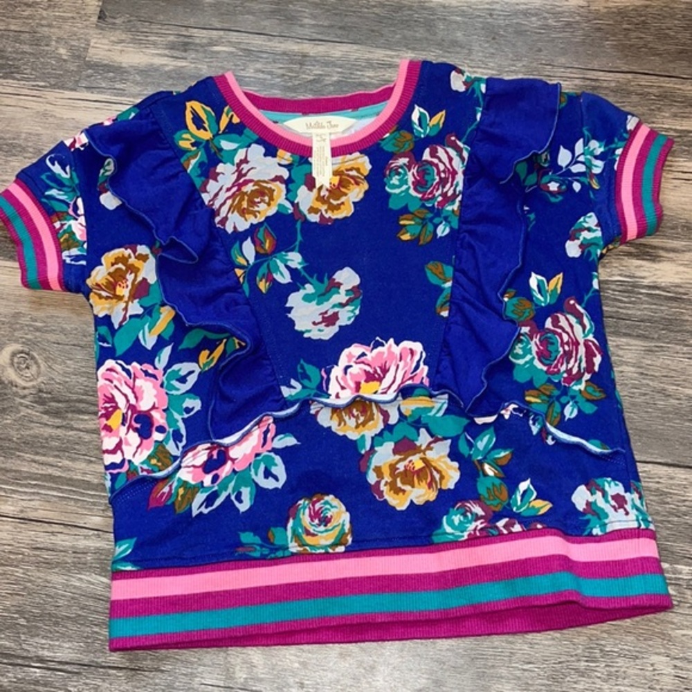 MATILDA JANE RUFFLED FLORAL SHORT SLEEVE SHIRT. SIZE 6